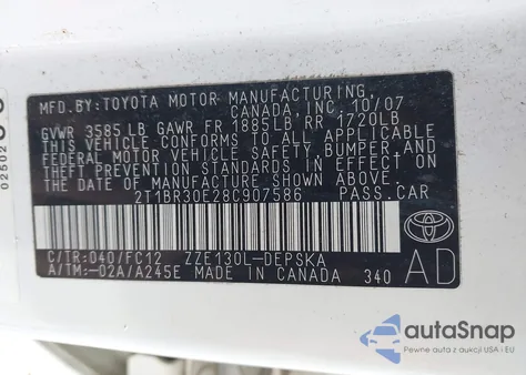 2008 Toyota Corolla S из США, поврежденный, VIN 2T1BR30E28C907586